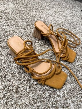 Chase + Chloe Rust-Tone Suede Lace-Up Block Heel Sandals